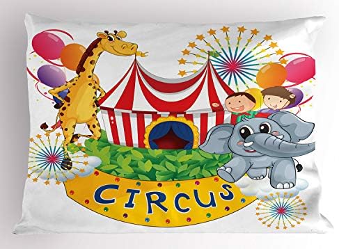 Ambesonne Cirkusz párnahuzatot, Show Állatok Mosolyog, Bűvész, a Boldogság Témájú Illusztráció, Dekoratív Szabványos Méretű Nyomtatott