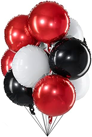 18 Piros Fekete Fehér Lufi Kerek Fólia Mylar Héliumos Lufi, Party Dekoráció, Csomag 30