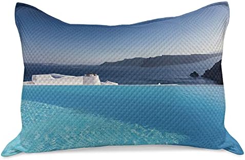 Lunarable Utazási Kötött Paplan Pillowcover, Resort Medence, Santorini, Görögország, Földközi-tengeri Panoráma Fotó, Standard Queen Méretű Párna
