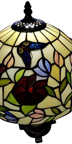 Amora Világítás Tiffany Stílusú asztali Lámpa Bankár 19 Magas, Festett Üveg, Piros, Zöld, Fehér Virág Virág, Pillangó Antik
