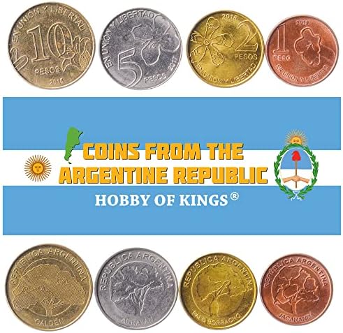 4 Érmék Argentínából | Argentin Érme Meghatározott Gyűjtemény 1 2 5 10 Peso | Juttatni 2017-2020 | Fa | Fa | Caldenia | Arrayan