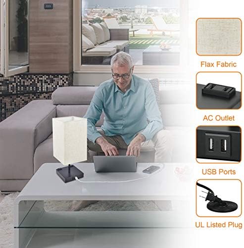 Cotanic Szabályozható 3-utas Touch Control Éjjeli Lámpa, Modern asztali Lámpa Töltés USB Portok,Négyzet Szövet Textília Lámpaernyő,Dekoratív