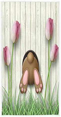 Húsvéti Nyuszi Alsó Puha Mikroszálas kéztörlő 15x30,Dekoratív Rózsaszín Tulipán Fa Tábla Ujjbeggyel Konyha rongynak, Mosogatórongy