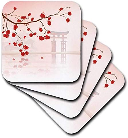 3dRose CST_116168_3 Gyönyörű Japán Sakura Piros Cseresznye Virágok Elágazó Tükrözi a Víz Felett Keleti Vektor Design Kerámia