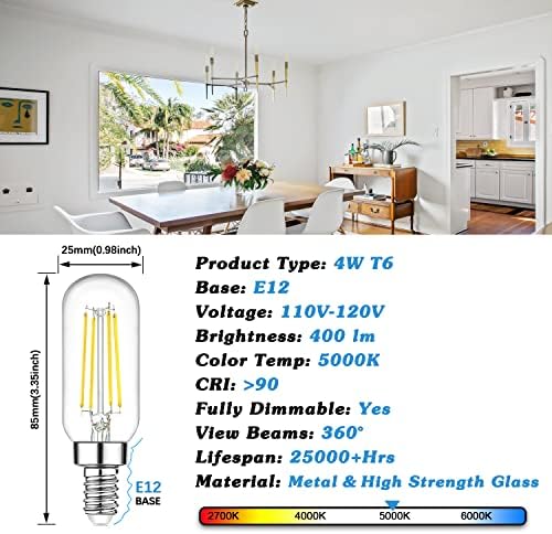 E12 LED Izzók 40 Watt Egyenértékű, 4W Gyertyatartót Szabályozható Edison Izzók, 5000K Nappal Fehér T6 LED-es Izzók a Csillár Mennyezeti