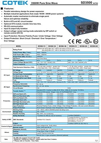 Cotek SD3500 GFCI Tiszta szinuszos Inverter Dual GFCI 120VAC 48VDC 3500W (SD3500-148 GFCI)