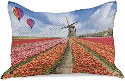 Ambesonne Hollandia Kötött Paplan Pillowcover, Táj, Tulipán Mező hőlégballon, valamint Szélmalom Tavasz, Standard Queen Méretű