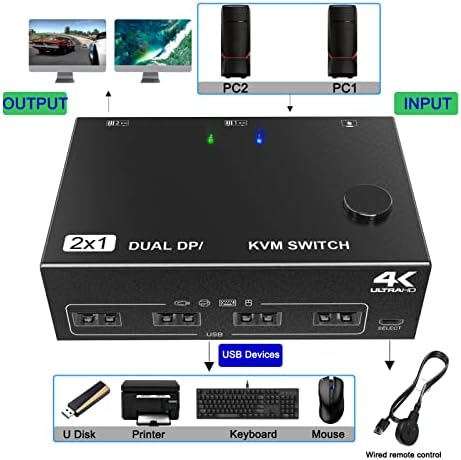 soobu DP Dual Monitor KVM Switch, USB KVM Switch Kettős Kijelző Támogatása Támogatja a 4K-60Hz USB 2.0 Port Plug and Play Élő