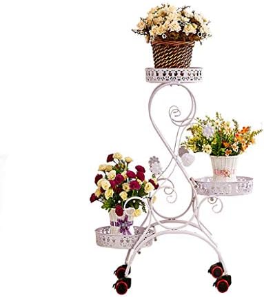 MKKM Növény Állni, Vas Keret Kerekes Fehér Virág Display Állvány 3 Emeletes Lapozzunk Dekoratív Kerti Terasz Áll Növény, Virág, Fű Rack