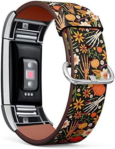 Kompatibilis a Fitbit Díj 2 - Bőr Karóra karkötő Heveder Karkötő nemesacél Csattal, illetve Adapterekkel (Halloween Csontok Virágos)
