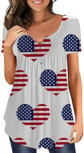 Július 4-USA Zászló Tunika Maximum a Nők Hasát Bujkál Tshirt Nyári Alkalmi Ünnepi Rövid Ujjú Gomb V Nyakú Blúz