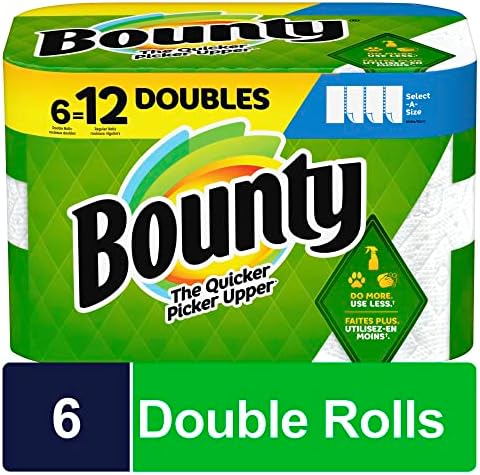 Bounty Válassza az-Egy-es Méret 2-Rétegű papírtörlő, Dupla Tekercs, 6 x 11, Fehér, 90 Lap / Tekercs, Csomag 6 Tekercs