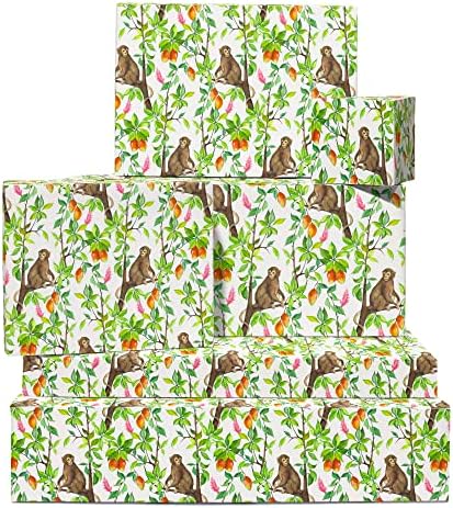 KÖZPONTI 23 Majom Csomagolópapír - 6 Lap Ajándék Wrap s Kategória - Dzsungel Csomagolópapír Gyerekeknek - Gyümölcs -, Fa -, Állat-Csomagolópapír