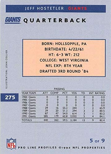 1992-ben Pro Line Profilok Foci 275 Jeff Hostetler New York Giants Hivatalos NFL Trading Card
