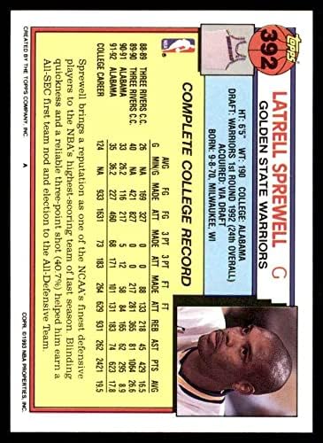 1992 Topps 392 Latrell Sprewell Golden State Warriors (Kosárlabda Kártya) NM/MT Harcosok Alabama