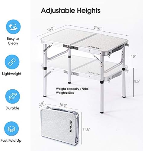 Összecsukható Asztal Kicsi, 24L x16W Tábor Alumínium Asztal, Állítható Magasságú Lábak, Beltéri, Kültéri, Könnyű, Hordozható, Összecsukható