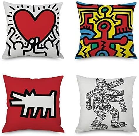 farg Készlet 4,Keith Haring Graffiti Festés, Dekorációs Párnát, Takarót,Egyik Oldalán Nyomtatott,Pamut Vászon, Col(45x45cm)