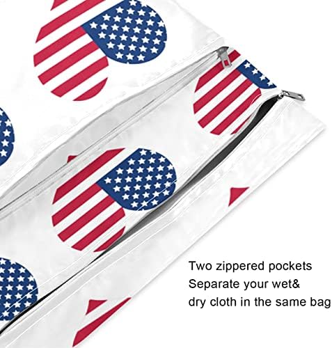 ZZXXB Amerikai Zászló Szerelmes Szív Vízálló Nedves Újrafelhasználható Táska ruha Pelenka Nedves-Száraz Táska Cipzáras Zseb Utazási
