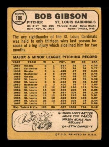 100 Bob Gibson HOF - 1968 Topps Baseball Kártyák (Csillag) Osztályozott VGEX - Baseball Asztalon Dedikált Vintage Kártyák