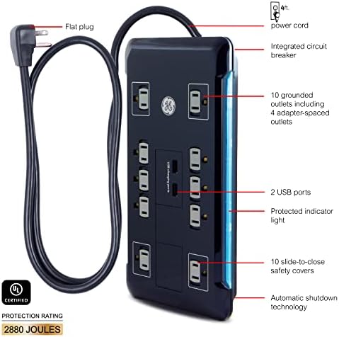 GE UltraPro 10 Outlet túlfeszültségvédő, 2 USB Port, 4 Ft Tápkábel, 2880 Joule, 34462 & GE UltraPro 7-Outlet túlfeszültségvédő,