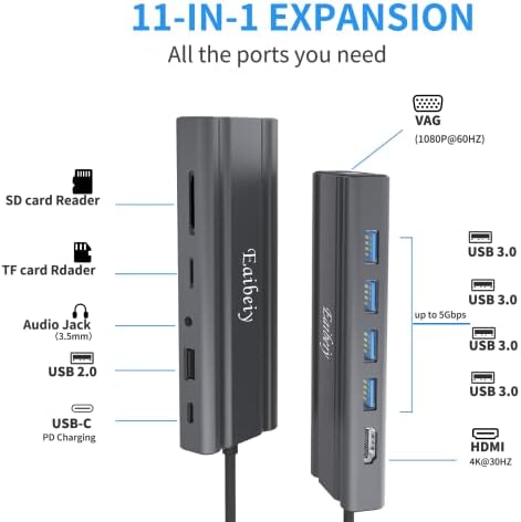 Eaibeiy USB-C-HUB, 11in1 USB-C Dokkolóegység a 4K HDMI, VGA, 100W PD Tápellátás 4 db USB 3.0 Port, USB 2.0 Port, SD/TF Kártya Olvasó,