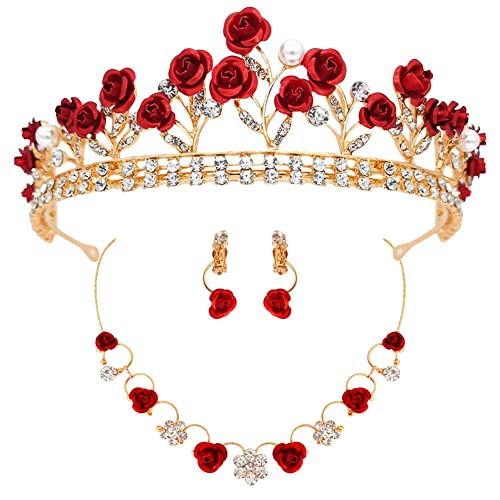 Vörös Rózsa-Féle Menyasszonyi Esküvői Fejpánt Arany Virág Barokk Hercegnő Korona Kristály Gyöngy Fejdísz a Nők, Lányok