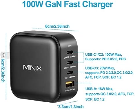 MINIX-100W USB-C Töltő, NEO P3 Turbo 4-Port GaN Fali Töltő, 3 x USB-C Port Gyorsan Töltő Adapter(Max 100W/20W), 1 USB-A (Max 18W).