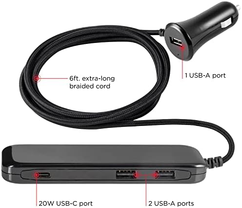 UltraPro Autós Töltő, 4 Port USB Töltő, 6 Ft Kábel Multi USB Töltő Állomás, Utazási elosztó, Fekete, 61900