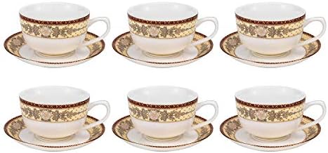 Euro Porcelán 12-Pc. 'Arany Levelek' Tea Csésze Kávé Készlet, Prémium Csont Kína, 24K Aranyozott, Komplett Szolgáltatás, 6, 8 Oz.