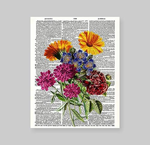Susie Művészeti 8X10-es keret nélküli Virágok Art Print Barátok Ajándék, Nappali, Hálószoba Művészeti Upcycled Vintage Szótár Art Print Könyv