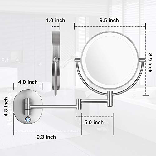Pansonite LED Fali tartó Smink Tükör 10x-es Nagyítás, 8.5 Kétoldalas 360° Forgatható Hiúság Tükör 13,7 Hosszabbító, Állítható