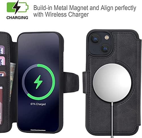 BHOLSA Pénztárca tok iPhone 14, Kompatibilis Mag Biztonságos Mágneses Vezeték nélküli Töltés Prémium PU Bőr Flip tok-Kártya-tartó